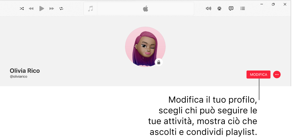 La pagina del profilo su Apple Music: a destra della finestra è presente il pulsante Modifica, che puoi selezionare per modificare il tuo profilo, scegliere chi può seguire ciò che fai, mostrare la musica che ascolti e condividere le playlist.