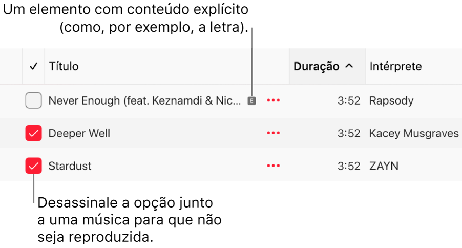 Detalhe da lista de músicas em Apple Music, com as opções assinaláveis e um símbolo explícito para a primeira música (a indicar que tem conteúdo explícito, tal como a letra). Desassinale a opção junto a uma música para que não seja reproduzida.