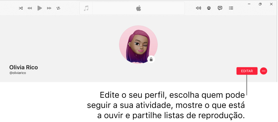 A página de perfil em Apple Music: à direita da janela está o botão “Editar”, que pode selecionar para editar o perfil, escolher quem pode seguir a sua atividade, mostrar o que está a ouvir e partilhar listas de reprodução.