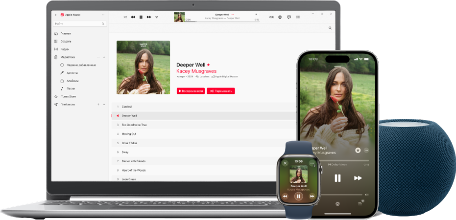 Песня воспроизводится на Mac, iPhone и Apple Watch через HomePod.