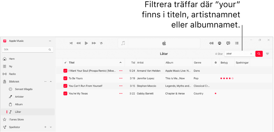 Apple Music-fönstret som visar listan med låtar som visas när ”love” anges i filterfältet i det övre högra hörnet. Låtarna i listan har ordet ”love” i låtens, artistens eller albumets namn.