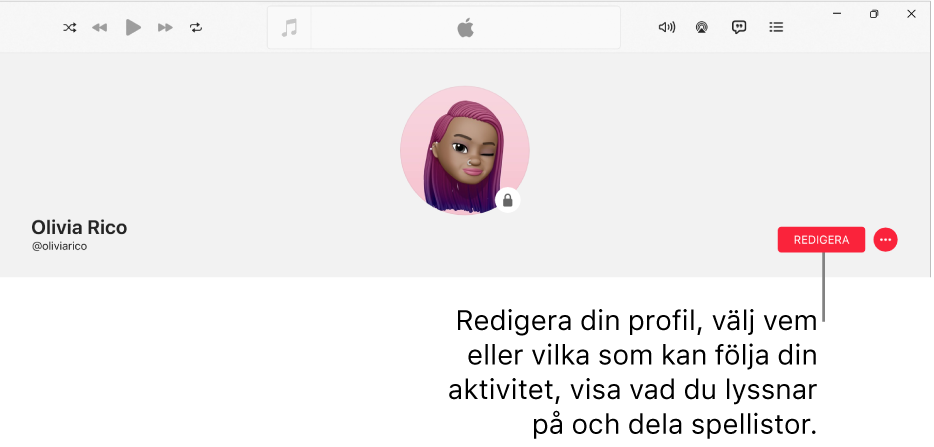 Profilsidan i Apple Music: På högra sidan av fönstret finns knappen Redigera som du kan välja för att redigera din profil, välja vilka som kan följa din aktivitet, visa vad du lyssnar på och dela spellistor.