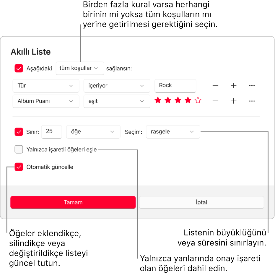 Akıllı Liste sorgu kutusu: Sol üst köşede Match’i seçin ve ardından liste kriterlerini (tür veya beğeni düzeyi gibi) belirleyin. Sağ taraftaki Ekle veya Sil düğmesini seçerek kural eklemeye veya silmeye devam edin. Sorgu kutusunun alt kısmında listenin boyutunu ve süresini sınırlandırma, yalnızca denetlenen parçaları ekleme veya arşivinizdeki öğeler değiştikçe Apple Music’in listeyi güncellemesini sağlama gibi birçok seçenek arasından dilediğinizi belirleyin.