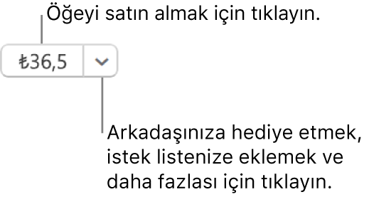 Fiyatı görüntüleyen bir düğme. Öğeyi satın almak için fiyatı seçin. Öğeyi bir arkadaşınıza hediye etmek, istek listenize eklemek ve daha fazlası için fiyatın yanındaki oku seçin.