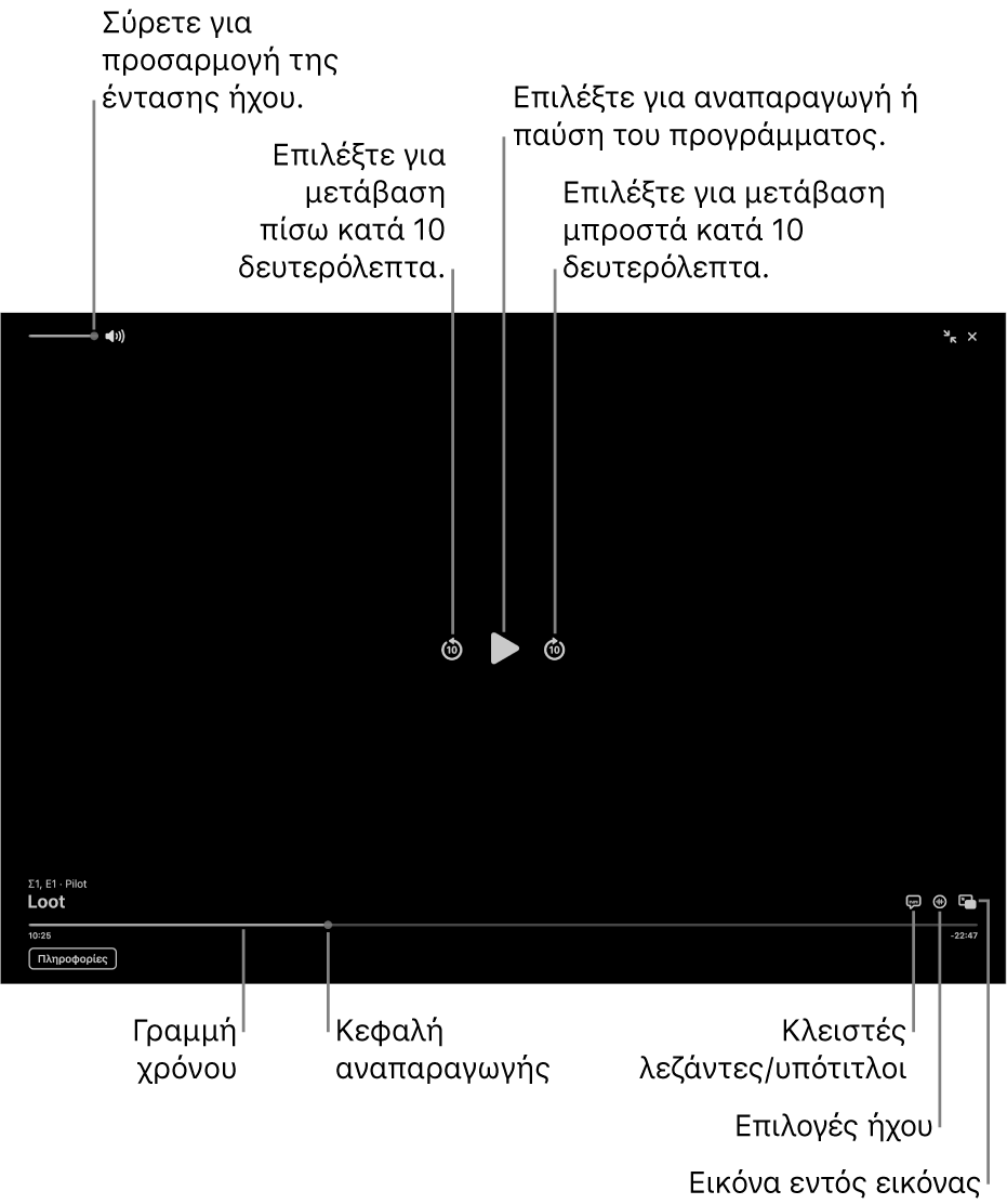 Στοιχεία ελέγχου αναπαραγωγής στο παράθυρο προβολής, με κουμπιά για αναπαραγωγή ή παύση, μετάβαση μπροστά ή πίσω και προσαρμογή της έντασης ήχου.