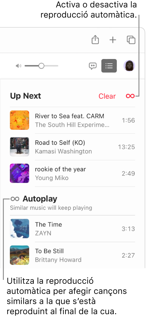 La cua “A continuació”. Fes clic al botó de la reproducció automàtica per activar‑la o desactivar‑la. Quan la reproducció automàtica està activada, afegeix cançons similars a la cua.