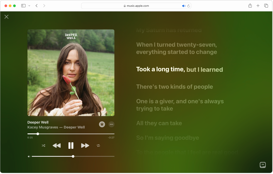 The Full Screen Player with a song playing and lyrics on the right, which appear on-screen in time with the music.