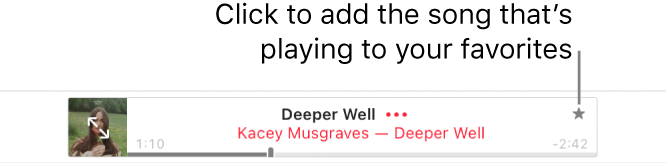 The top of Apple Music with a song playing. Click the Favorites button to the right of the song title to mark the song that’s playing as a favorite.