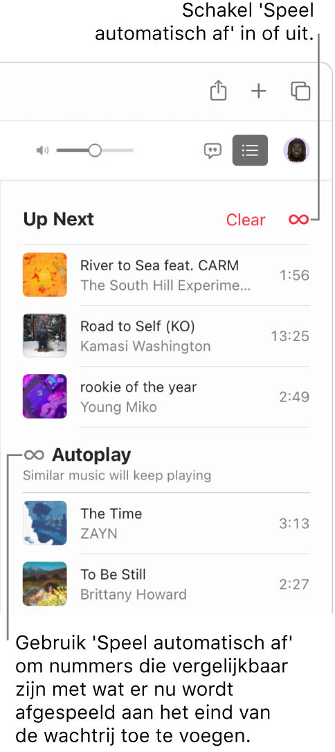De wachtrij 'Volgende'. Klik op de knop voor automatisch afspelen om deze functie in of uit te schakelen. Wanneer 'Speel automatisch af' is ingeschakeld, worden aan het einde van de wachtrij vergelijkbare nummers toegevoegd.