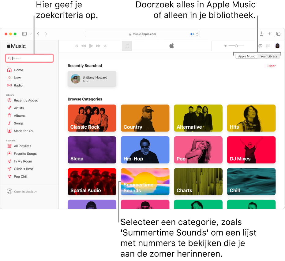 Het Apple Music-venster met het zoekveld linksbovenin, de lijst met categorieën in het midden van het venster en 'Apple Music' en 'Jouw bibliotheek' rechtsbovenin. Voer zoekcriteria in het zoekveld in en geef aan of je in heel Apple Music of alleen in je eigen bibliotheek wilt zoeken. Je kunt ook een categorie selecteren, zoals 'Summertime Sounds' om een lijst met nummers te bekijken die je aan de zomer herinneren.