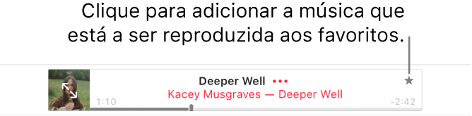 A parte superior de Apple Music com uma música a ser reproduzida. Clique em botão “Adicionar aos favoritos” à direita do título da música para adicionar a música que está a ser reproduzida aos favoritos.