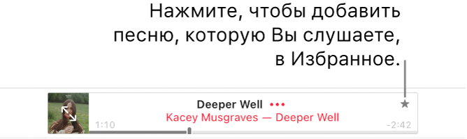 Верхняя часть окна Apple Music, в котором воспроизводится песня. Нажмите кнопку «Избранное» справа от названия песни, чтобы отметить эту песню как избранную.