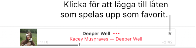 Överkanten av Apple Music med en låt som spelas upp. Klicka på favoritknappen till höger om låtnamnet om du vill favoritmarkera låten som spelas upp.