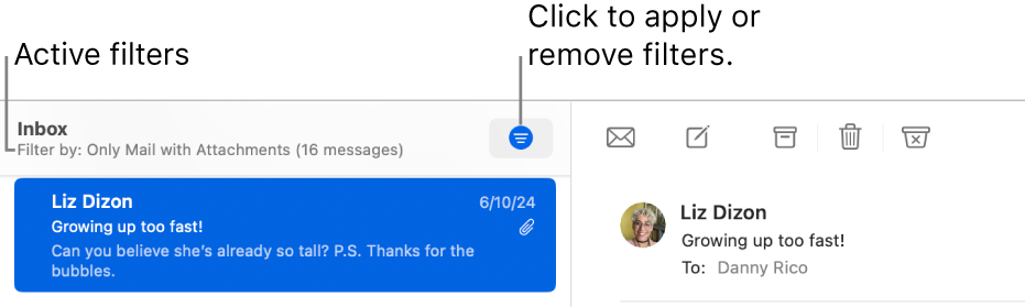 The Mail window showing the toolbar above the message list, where Mail indicates which filters, such as “Only Mail with Attachments”, are applied.