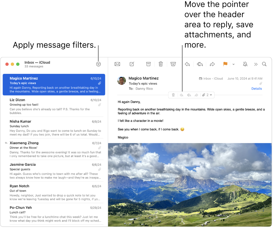 The Mail window. Click the Filter button in the toolbar to apply message filters. To reveal buttons for replying, saving attachments, and more, move the pointer over the header area of a message.