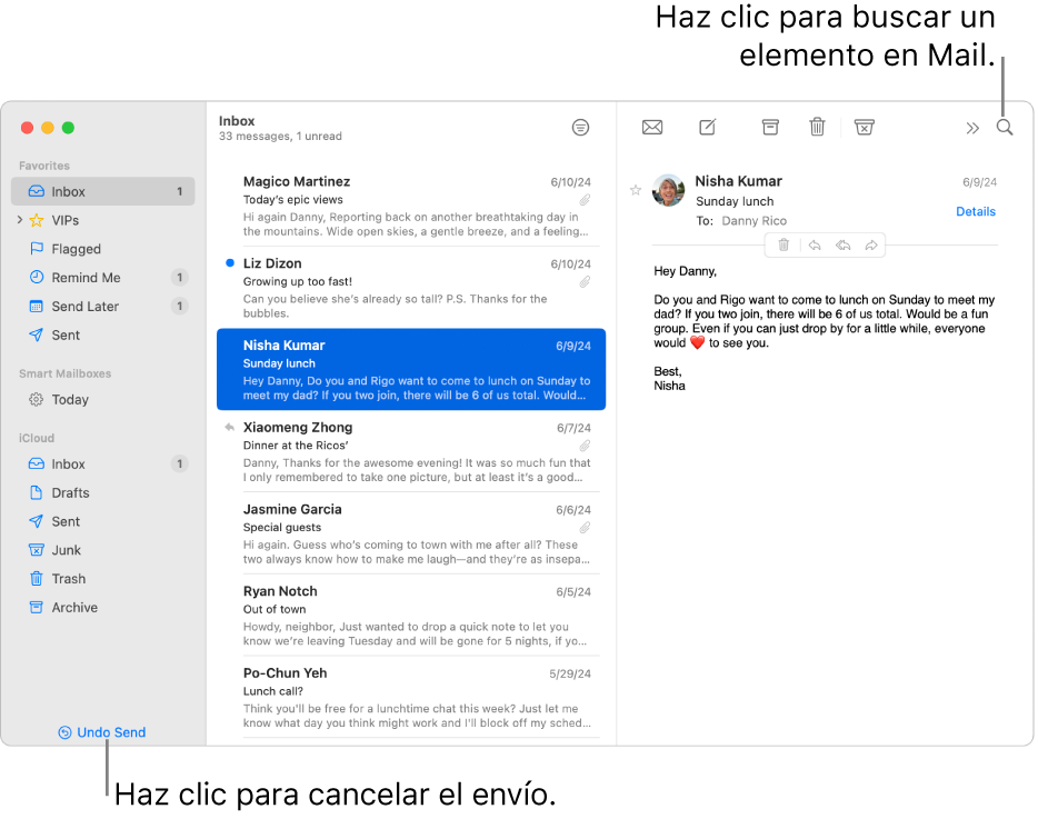 Una ventana de Mail mostrando la barra lateral a la izquierda. El botón Cancelar envío está en la parte inferior de la barra lateral.