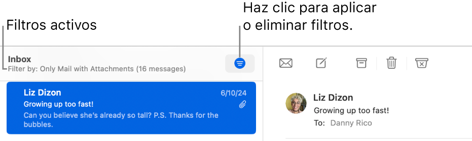 La ventana de Mail con la barra de herramientas sobre la lista de mensajes, donde Mail indica qué filtros, como “Solo con archivos adjuntos”, se están aplicando.