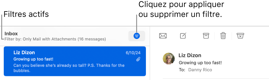 Fenêtre de Mail qui affiche la barre d’outils au-dessus de la liste des messages, où Mail indique quels filtres (par exemple « Courriels avec pièces jointes ») sont appliqués.