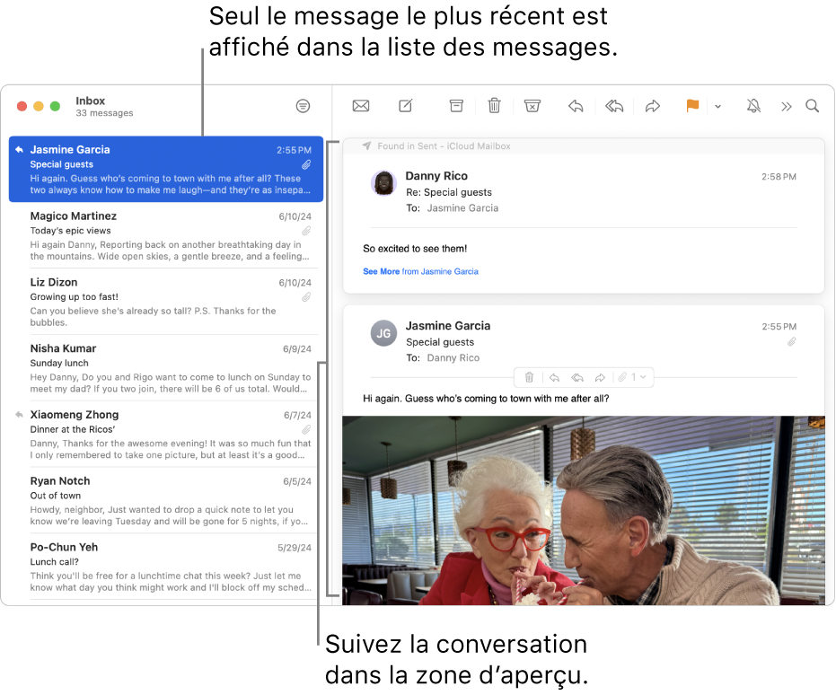 Seul le message le plus récent d’une conversation s’affiche dans la liste des messages. Le nombre indiqué dans le message du haut correspond au nombre de messages de la conversation présents dans la boîte aux lettres active. Suivez la conversation dans la zone d’aperçu.