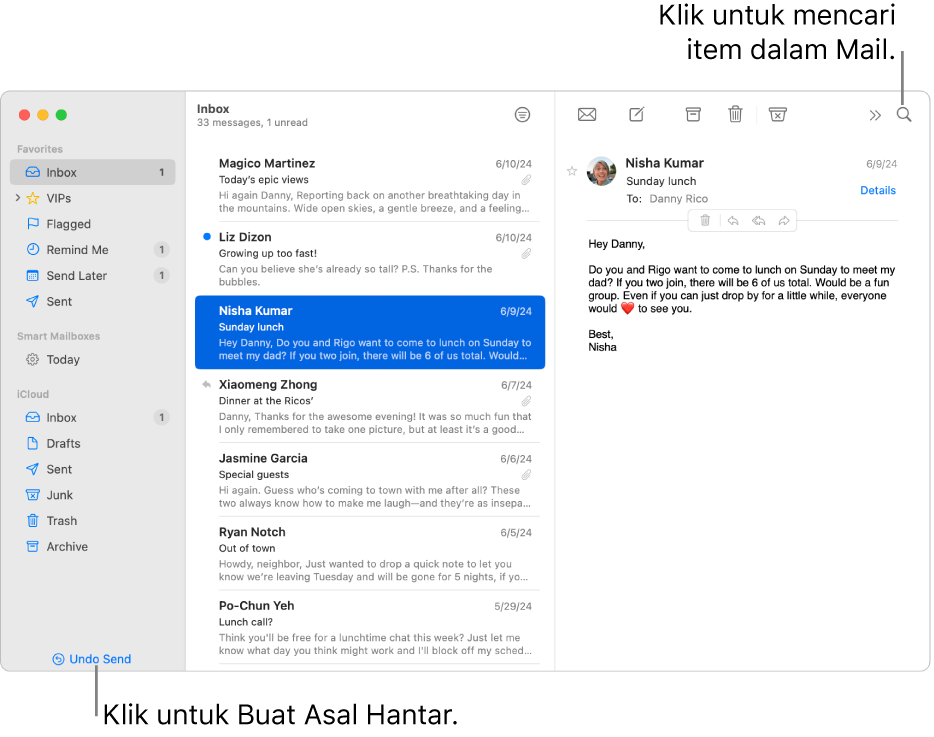 Tetingkap Mail menunjukkan bar sisi di sebelah kiri. Butang Buat Asal Hantar di bahagian bawah bar sisi.