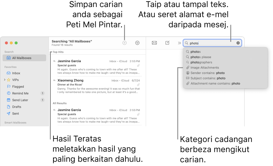 Peti mel yang sedang dicari diserlahkan dalam bar carian. Untuk mencari dalam peti mel berbeza, klik namanya. Anda boleh taip atau tampal teks ke dalam medan carian, atau seret alamat e-mel dari mesej. Semasa anda taip, cadangan muncul di bawah medan carian. Ia diatur ke dalam kategori, seperti Subjek atau Lampiran, bergantung kepada teks carian anda. Hasil Teratas meletakkan hasil paling berkaitan dahulu.