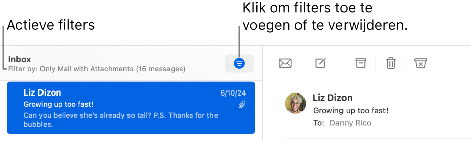 Het Mail-venster met boven de berichtenlijst de knoppenbalk waarin de toegepaste filters worden weergegeven, zoals 'Alleen mail met bijlagen'.