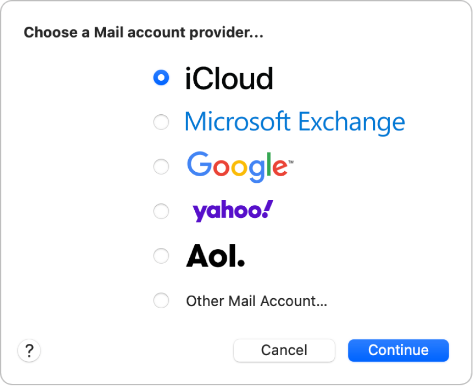 Fereastra de dialog în care selectați tipul contului de e‑mail, afișând iCloud, Microsoft Exchange, Google, Yahoo, AOL și Alt cont de Mail.