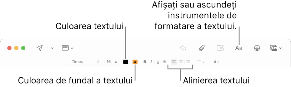 Bara de instrumente și opțiunile de formatare dintr-o fereastră de mesaj nou indicând culoarea textului, culoarea fundalului textului și butoanele de aliniere a textului.