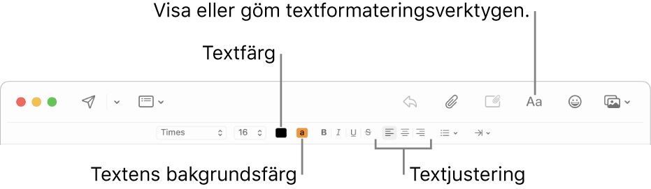 Verktygsfältet och formateringsalternativ i ett nytt mejlfönster som indikerar textfärg, textens bakgrundsfärg och textjusteringsknappar.