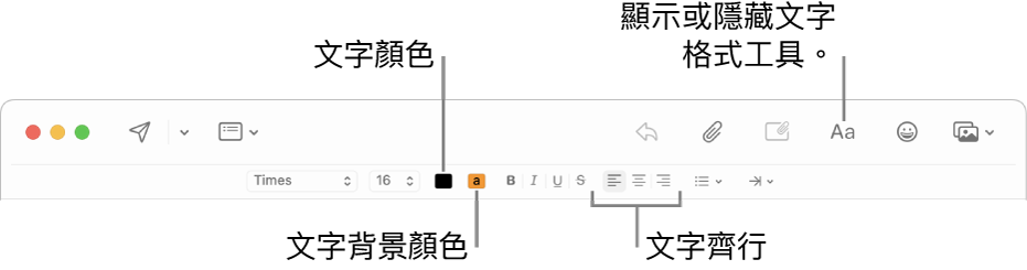 新增郵件視窗中的工具列和格式選項，指出文字顏色、文字背景顏色和文字對齊方式按鈕。