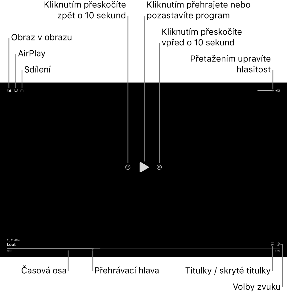 Ovládací prvky přehrávání v prohlížeči včetně tlačítek, pomocí kterých lze přehrávat, pozastavovat, přeskakovat dopředu nebo dozadu a upravit hlasitost