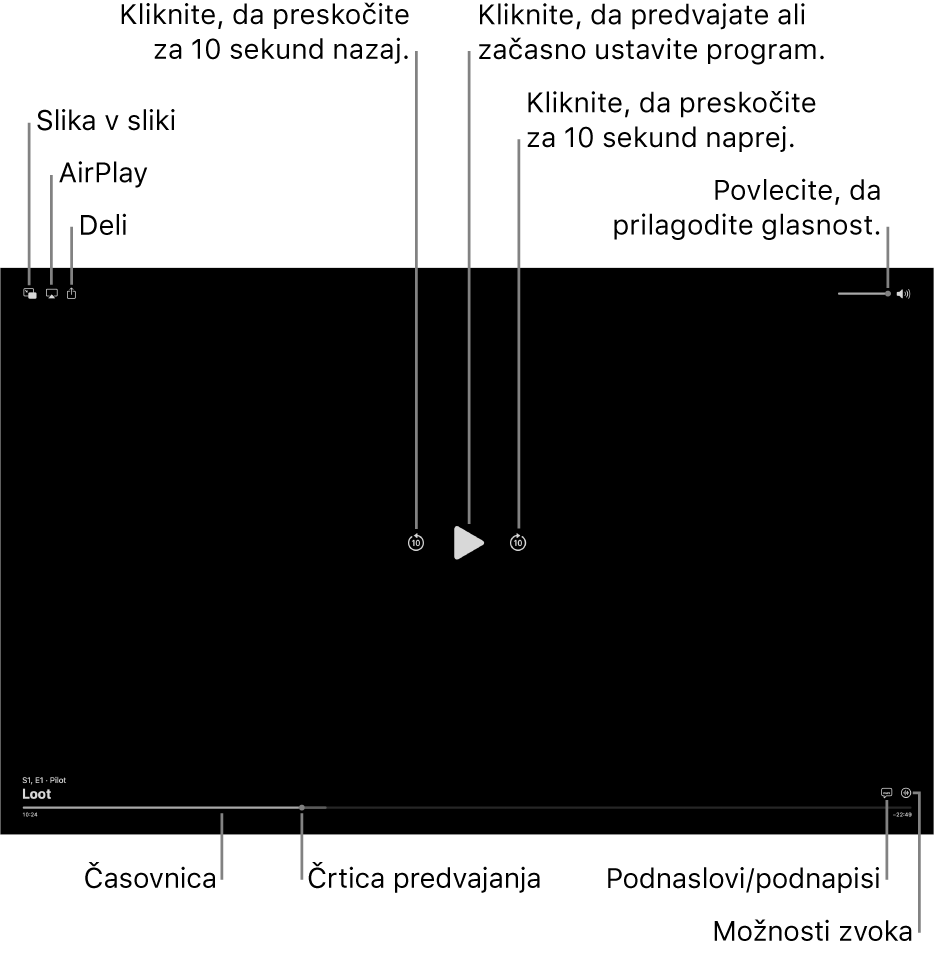 Krmilne funkcije v prikazovalniku, vključno z gumbi za predvajanje ali začasno ustavitev, skok naprej ali nazaj ter prilagoditev glasnosti.