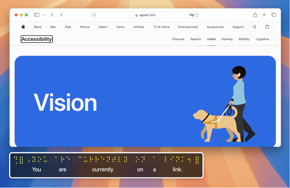 The Mac desktop with a webpage open. Below, the braille panel displays what’s in the VoiceOver cursor on the webpage using simulated yellow braille dots, with corresponding text below the dots.