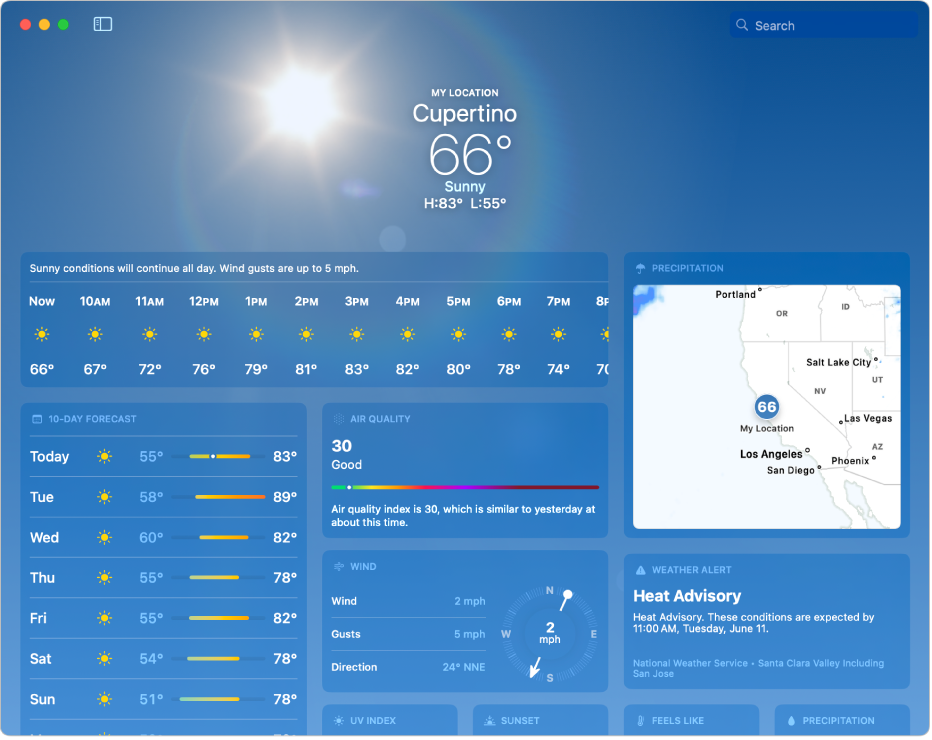 The Weather window showing such things as current temperature, highs and lows for the day, and hourly and 10-day forecasts.