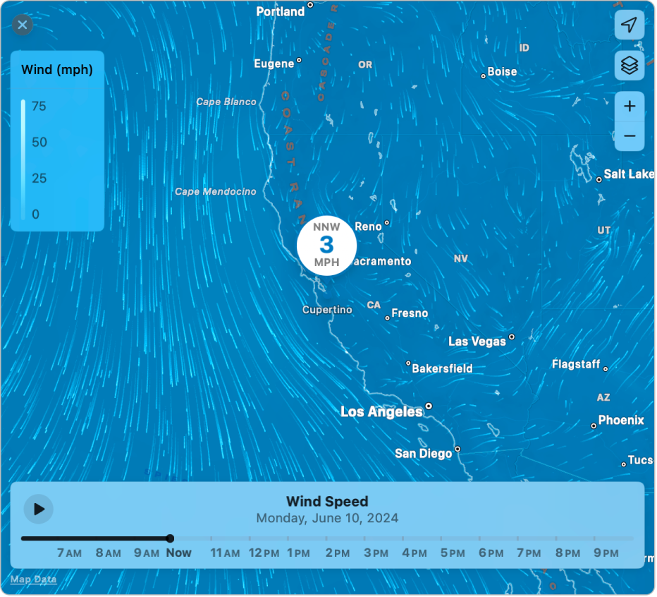 A detailed wind map centered on Cupertino, California.