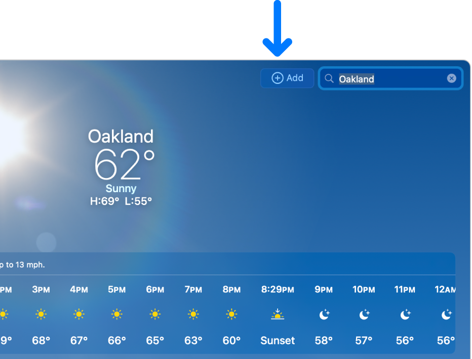 The Weather app with a search result for a city name.