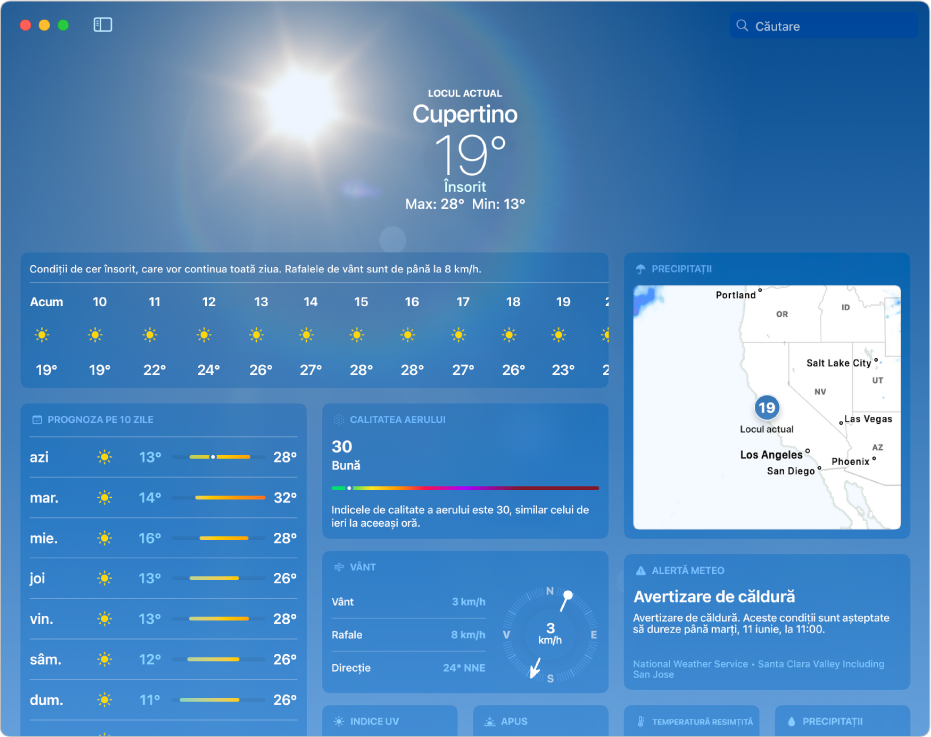 Fereastra Vremea afișând temperatura și condițiile curente, temperatura maximă și cea minimă a zilei, prognoza orară, mai multe zile din prognoza pe 10 zile și o hartă a precipitațiilor.