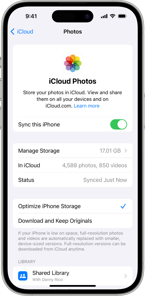 Az iCloud-fotók képernyője az iCloud-beállításokban. Az iPhone szinkronizálása be van kapcsolva.