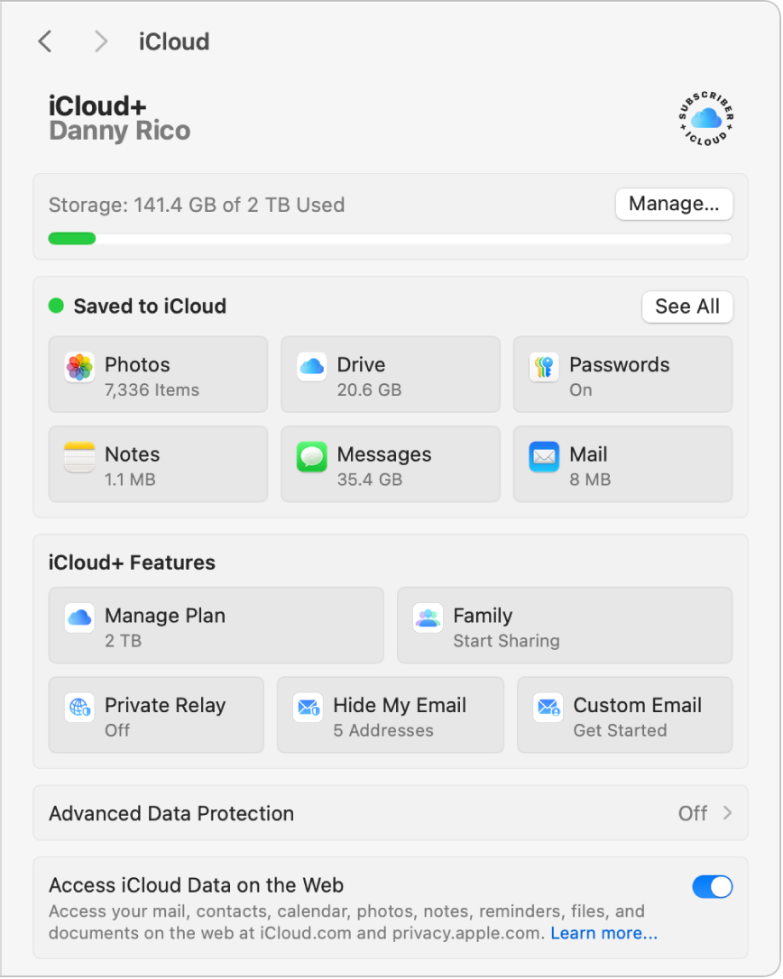 Fereastra Configurări sistem, cu funcționalitățile iCloud selectate.