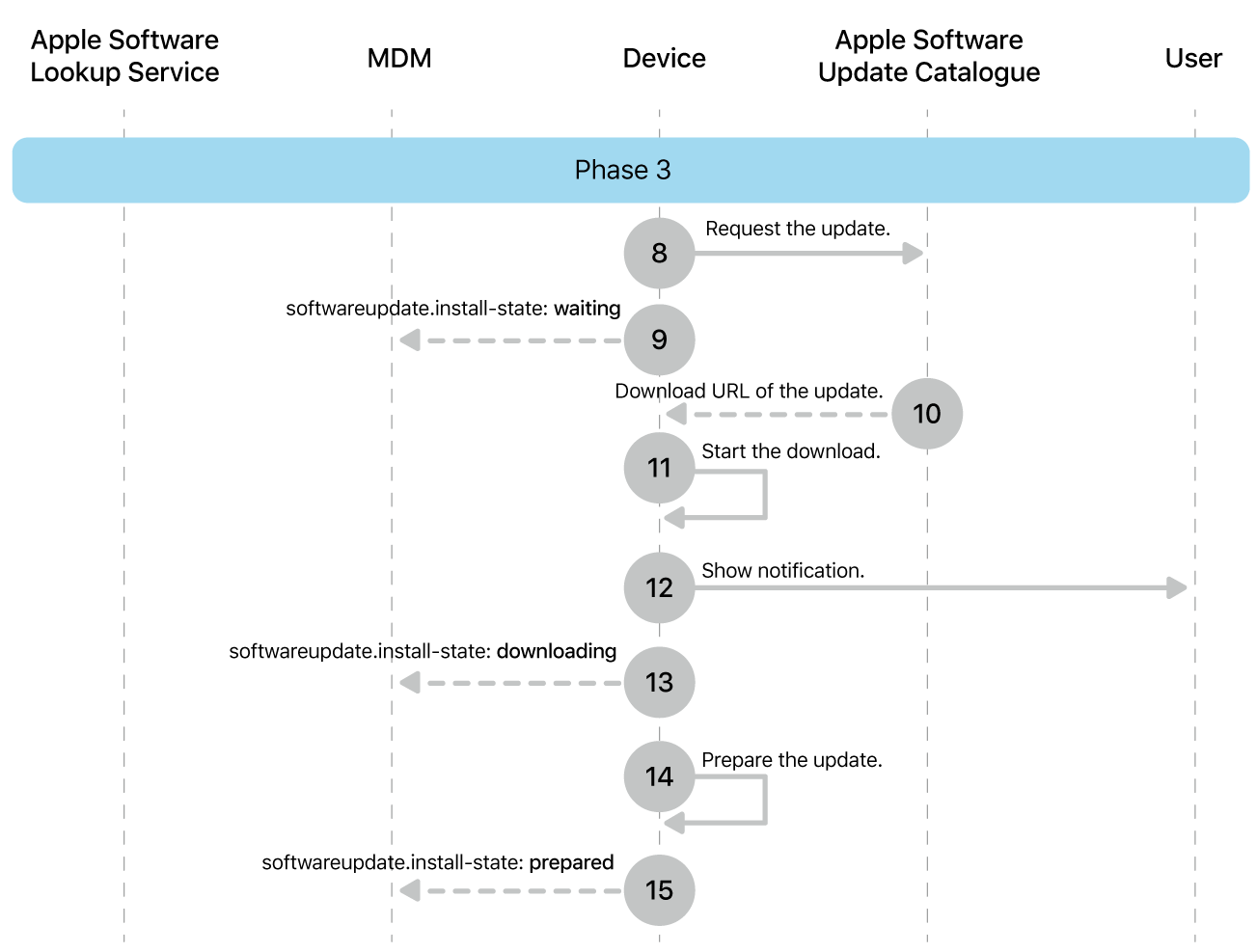 Phase 3 showing steps 8 to 16 of Apple software update enforcement.