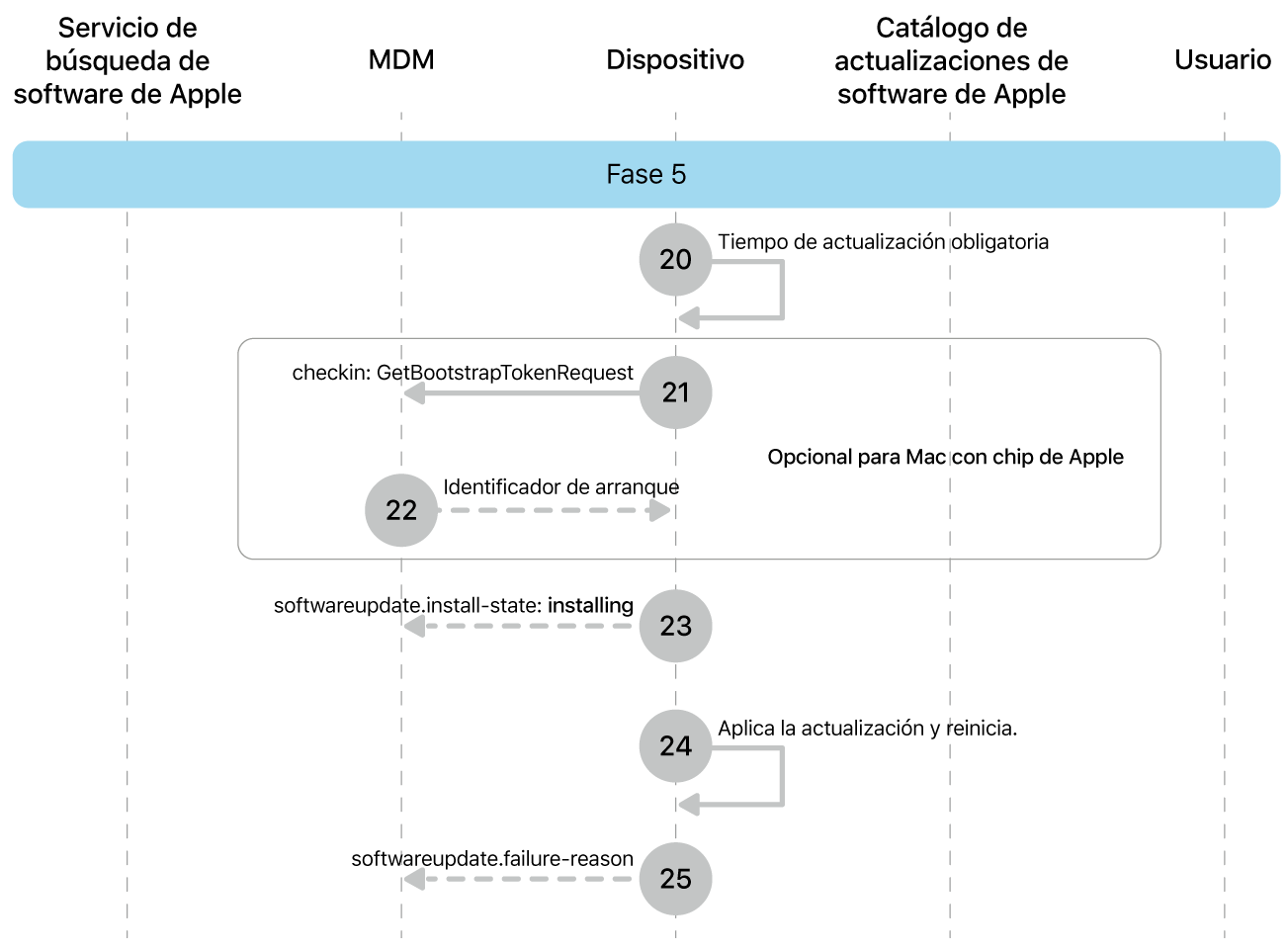 Fase 5 con los pasos del 20 al 25 de la imposición de una actualización de software de Apple.