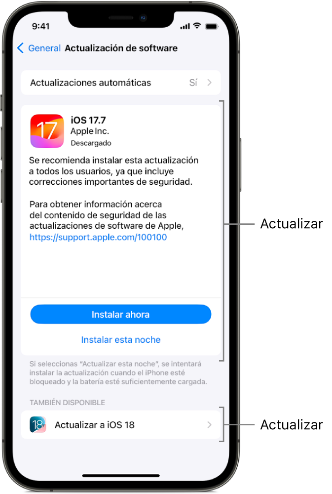 Una pantalla de iPhone en la que se ve una actualización a iOS 17.7 o una actualización principal a iOS 18.