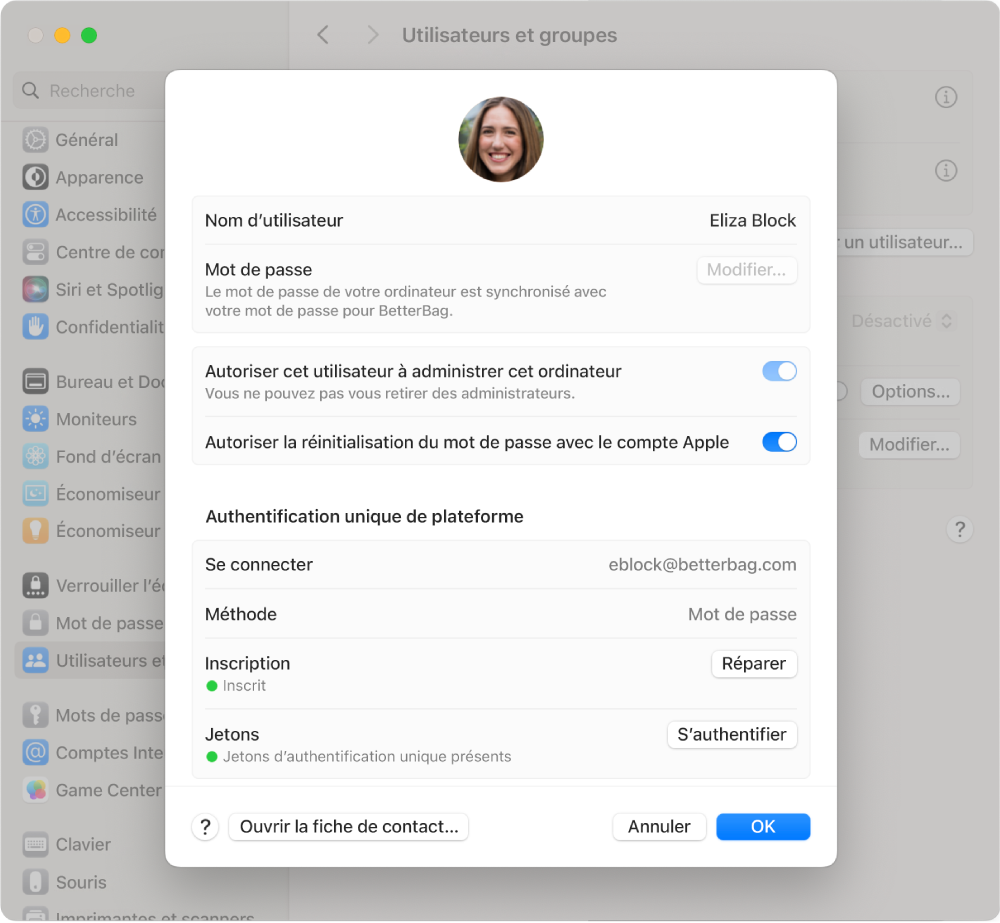 Une fenêtre de Mac affichant un utilisateur connecté à lʼaide de lʼauthentification unique sur la plateforme.