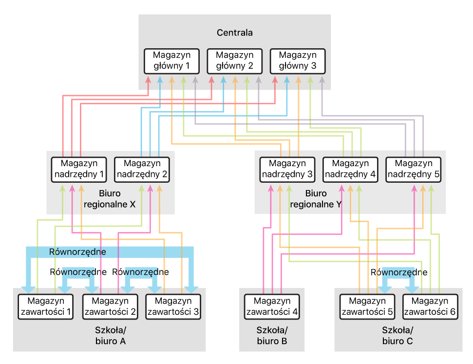 Przykładowa konfiguracja zawierająca więcej magazynów nadrzędnych, niż równorzędnych.