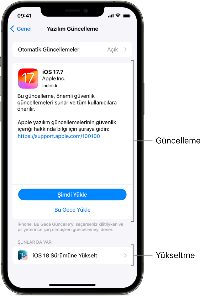 iOS 17.7 güncellemesini veya iOS 18 yükseltmesini gösteren bir iPhone ekranı.