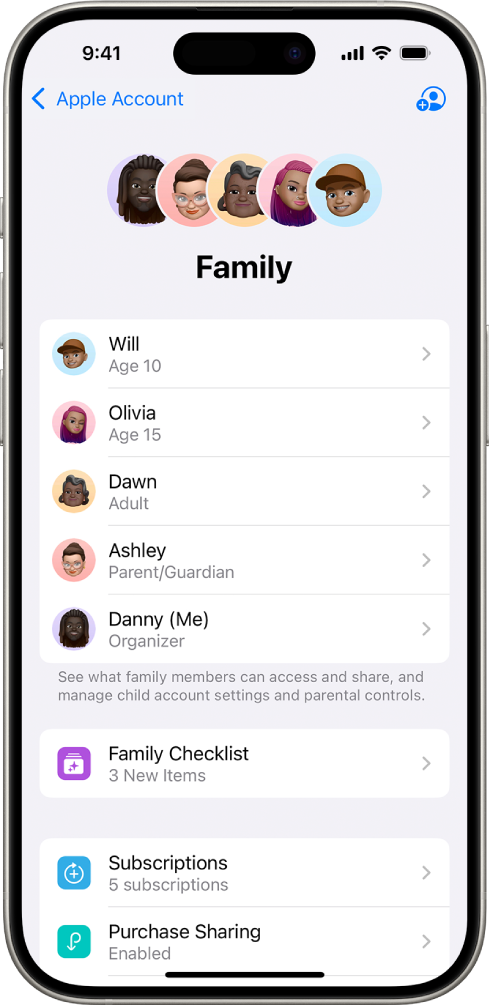 The Family Sharing screen in Settings. Five family members are listed, and four subscriptions are shared with the family.