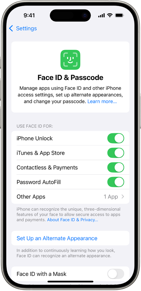 The iPhone Face ID screen showing what Face ID can be used for, such as iPhone Unlock, iTunes & App Store, Wallet & Apple Pay, and Password AutoFill.