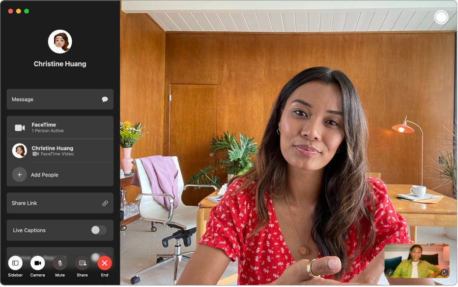 A FaceTime video call in progress, with the current participant showing on the right. In the sidebar, the participant’s name appears, along with the Add People option.