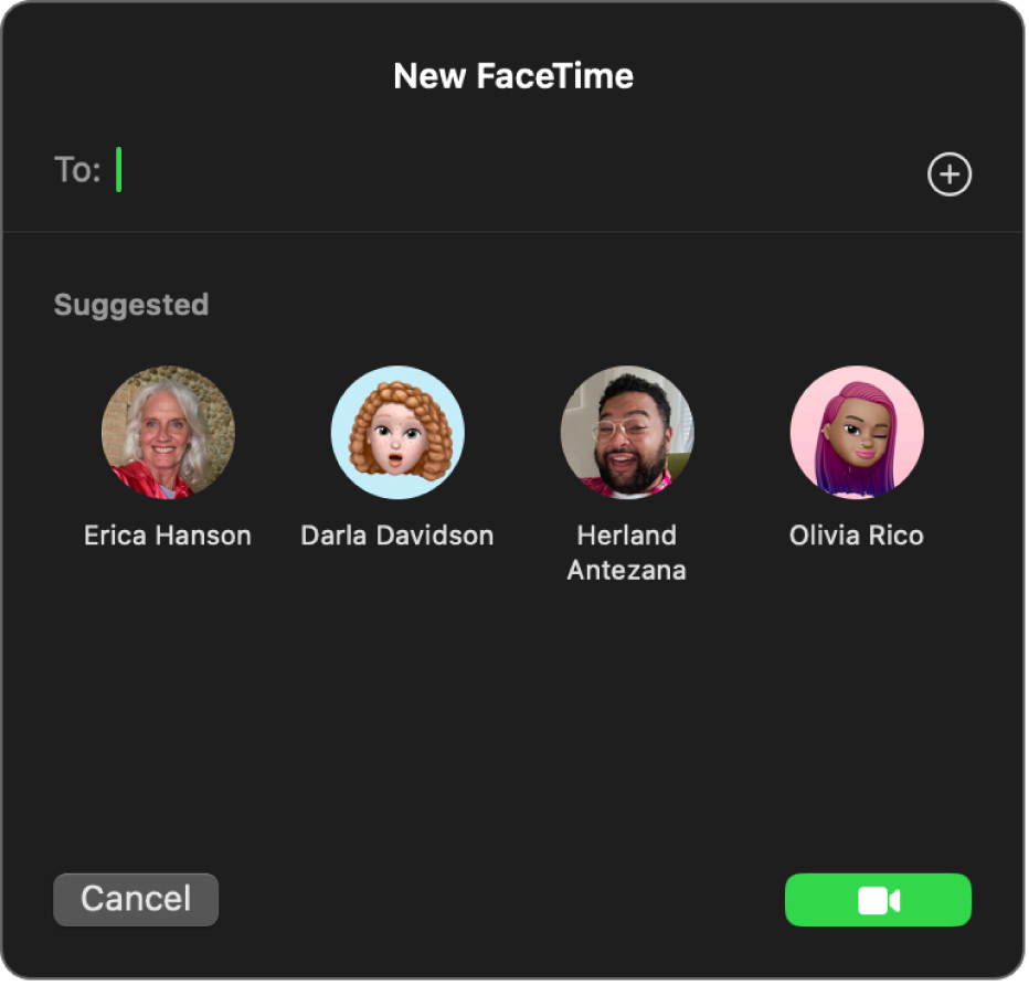 La ventana Nuevo FaceTime, donde se ingresan nombres de contactos en el campo Para o se eligen de los recomendados.