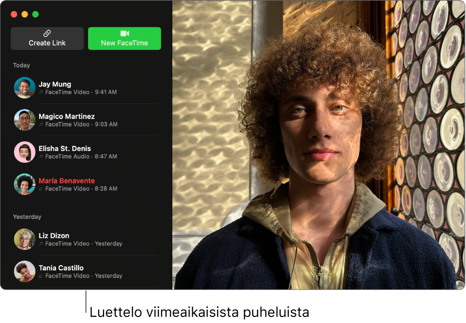 FaceTime-ikkunan vasemmassa reunassa näkyy luettelo äskeisistä soittajista.